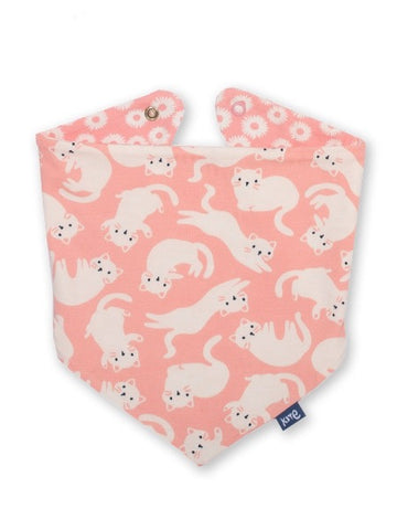 Kitty cat pink bib with white cats printed all over and white daisies printed all over the back