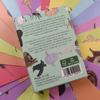 Back of a children's card box with animal illustrations on a colorful background