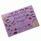 Purple coloring book titled 'Amazing British Bugs' with illustrations of bugs on a white background