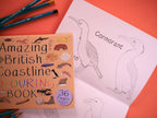 A book entitled Amazing British Coastline Colouring Book on top white pages with a bird drawing.