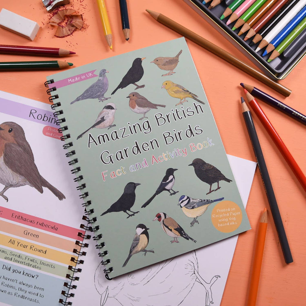 Notebook titled 'Amazing British Garden Birds Fact and Activity Book' on an orange surface with pencils and erasers.