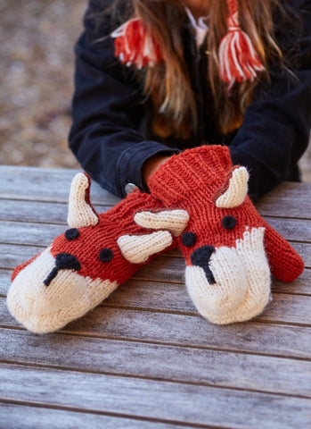 Childs Fox mittens, red and cream with blank nose and eyes