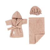Dolls clothes set with bathrobe towel and shower cap.