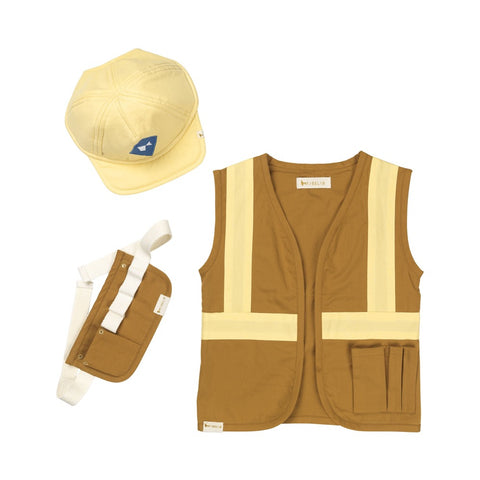 A builders dress up set with vest bel and hat in orange and yellow colour