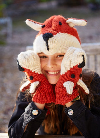 Childs Fox mittens, red and cream with blank nose and eyes