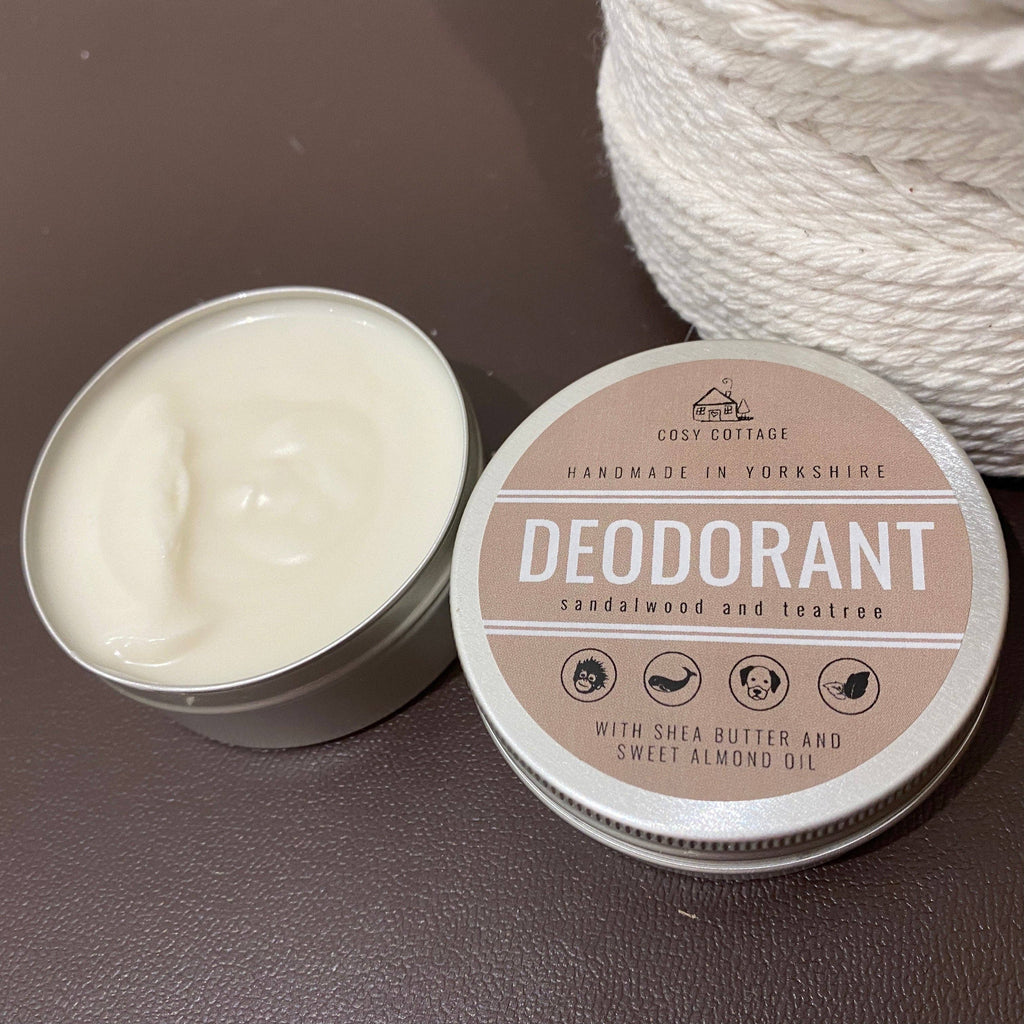 Natural Deodorant sandalwood and teatree in open tin. 