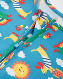 Bright blue sleep suit with rainbows sun and animals all over design.