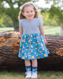 Planet pals dress, blue and cream striped top and bright blue planet pals skirt