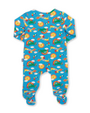 Bright blue sleep suit with rainbows sun and animals all over design.