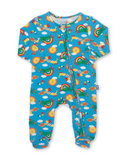 Bright blue sleep suit with rainbows sun and animals all over design.