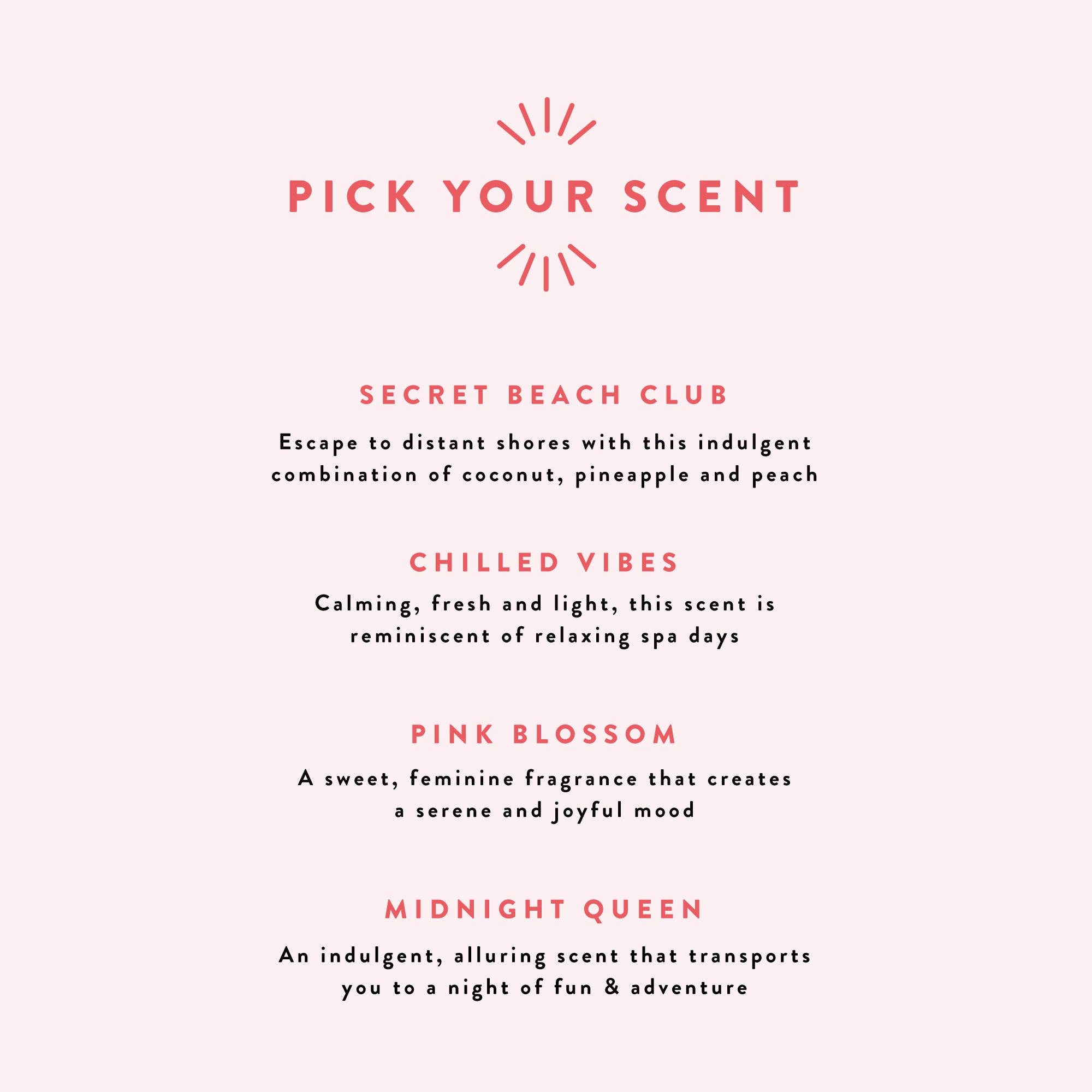 Fragrance selection options with descriptive text on a white background