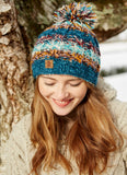 Utrecht bobble beanie in a blue brown, red & white mix. 
