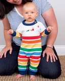 Knitted rainbow romper with caterpillar on the front