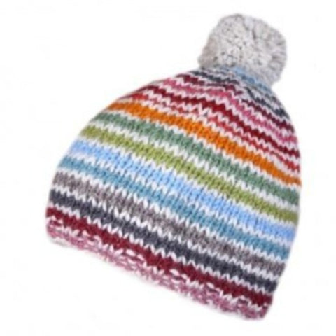 A multi coloured striped bobble beanie hat