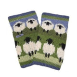 Pair of green and blue hand warmers with sheep design. 