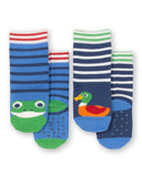 Frog and duck socks with stripes and grips on the bottom. 