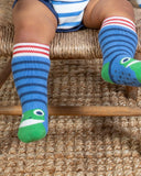 Frog and duck socks with stripes and grips on the bottom. 