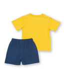 Pjyamas - yellow short sleeve Top with dino on the front and blue shorts 