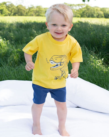Pjyamas - yellow short sleeve Top with dino on the front and blue shorts 