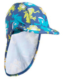 Blue sun hat with frogs all over has neck protector.