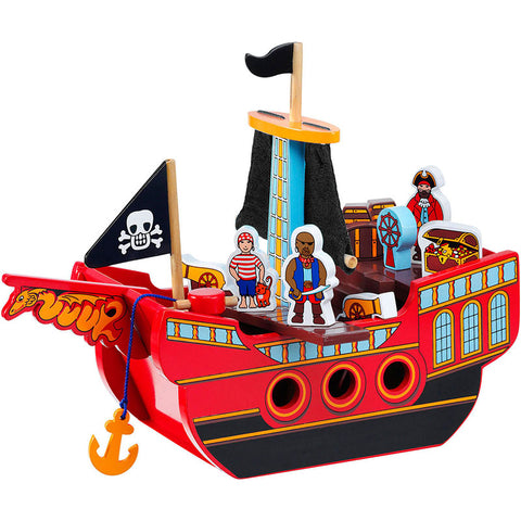 A wooden pirate ship painted red with pirates.