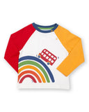 Long sleeve top with bus and rainbow design on the front. One yellow and one red sleeve.