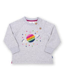 long sleeve grey sweater with a planet printed on the front 