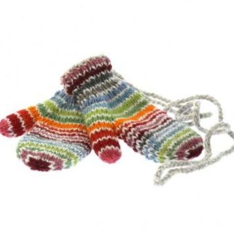 Multi coloured stripe mittens with string