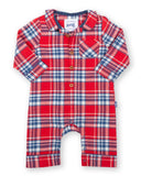 Plaid romper in red blue and white with wooden buttons. 
