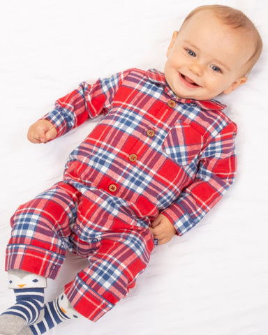 Plaid romper in red blue and white with wooden buttons. 