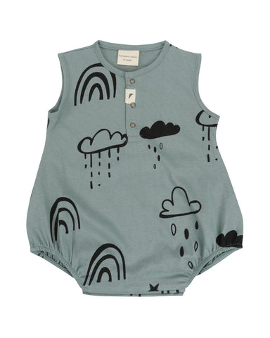 Front of Rainbow star bubble romper in kelp with black design 