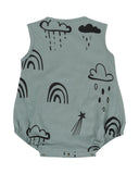 Back of Rainbow star bubble romper in kelp with black design