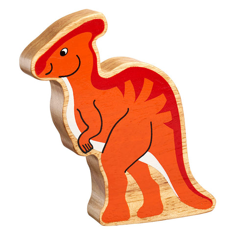 Orange Parasaurolophus wooden figure.