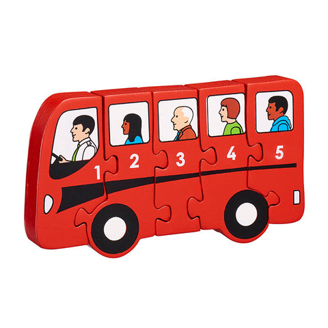 Wooden jigsaw in a bus shape with 1-5 numbers written on and a great bus design