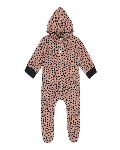Velour onesie in an animal print design with hood and front zip