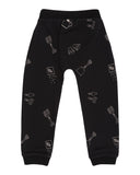 Sew and grow print joggers, black with white decoration.