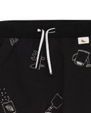 Sew and grow print joggers, black with white decoration.