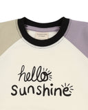 Hello sunshine sweatshirt with a purple and green sleeve