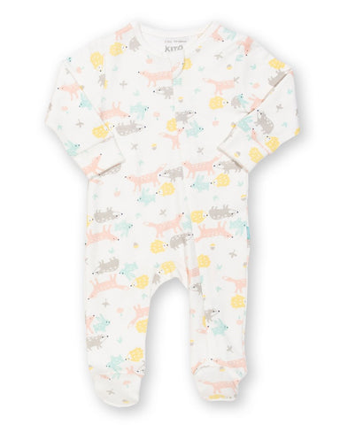 Sleepsuit with little animals printed all over in muted colours.
