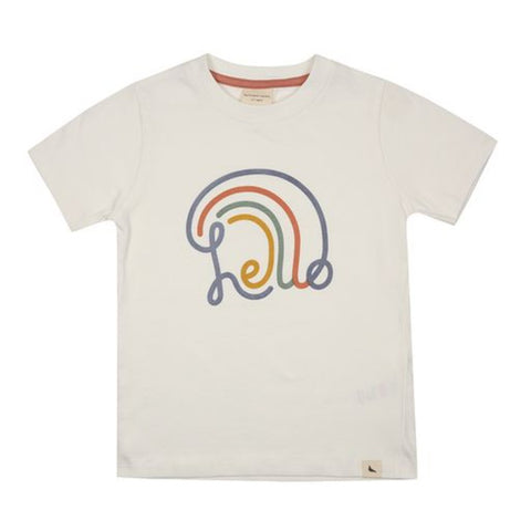 White short sleeve organic cotton tshirt with hello and a rainbow printed on the front