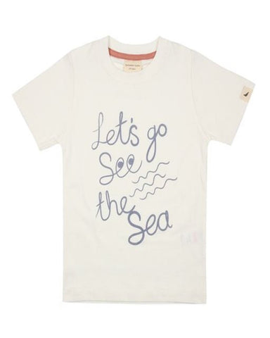 White short sleeve organic cotton tshirt with lets go see the sea printed across the front