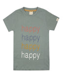 Short sleeve green tshirt with Happy printed 4 times on the front